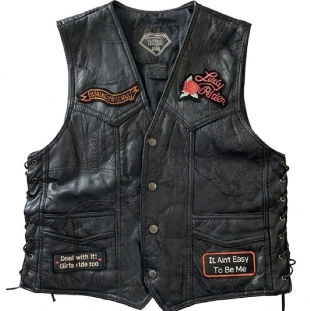 Diamond Plate Leather Biker Vest Women Lace Up Motorcycle Patches Size S